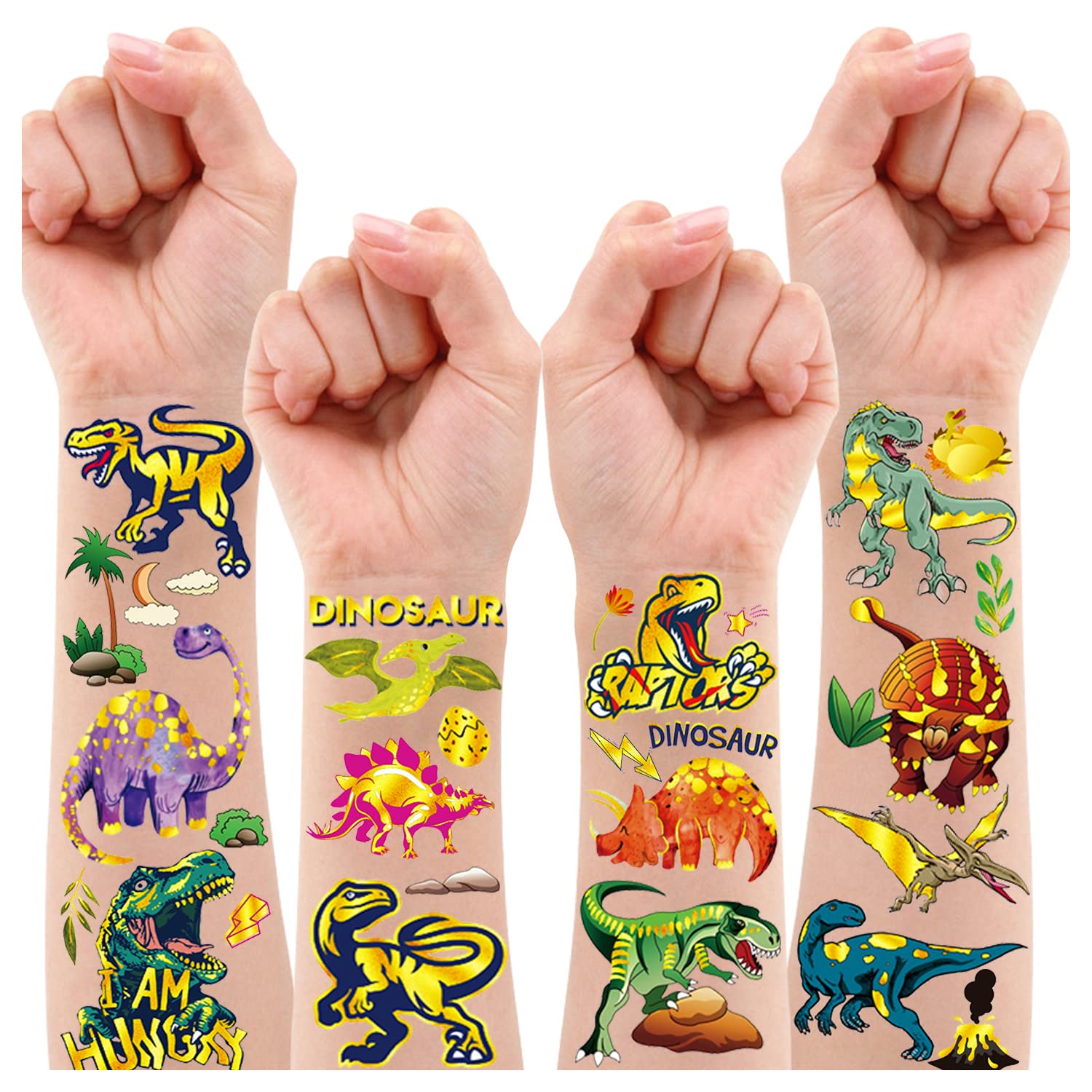 Leesgel Dinosaur Tattoos for Kids, 100 Styles Metallic Glitter Tattoos for Dinosaur Birthday Decorations Party Supplies Favours, Dinosaur Games Toys Tattoo Stickers for Boys Girls