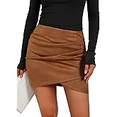 SOFIA'S CHOICE Women Faux Suede Skirt High Waist Ruched Asymmetrical Bodycon Mini Skirt