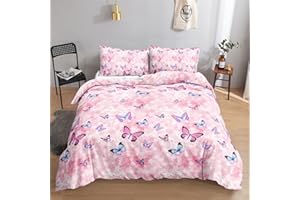 BailiPromise Butterfly Duvet Cover Set Pink Flower Butterfly Printed Bedding Set with 1 Duvet Cover and 2 Pillowcases for Girls Women Bedroom All Season(Flower Butterfly Full)