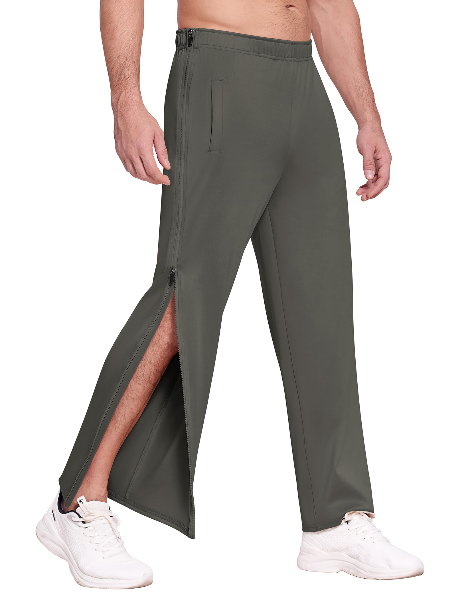 Photo 1 of Deyeek Mens Tear Away Basketball Pants 2 Side Zippers Snap Off Full Open Down Sweatpants Leg Post Surgery Pant with Pockets Dark Gray
