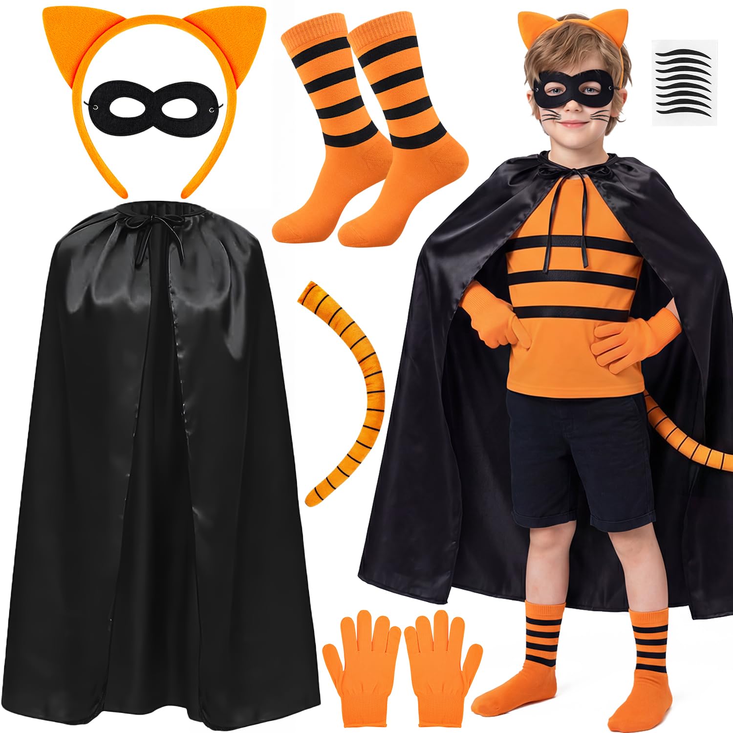 iZoeL World Book Day Costume Kids Orange Cat Costume Set Girls Boys– Black Cape Cat Ear Headband Tail Mask Socks Gloves – Book Character Outfit for WBD Fancy Dress Storybook School Dress-Up