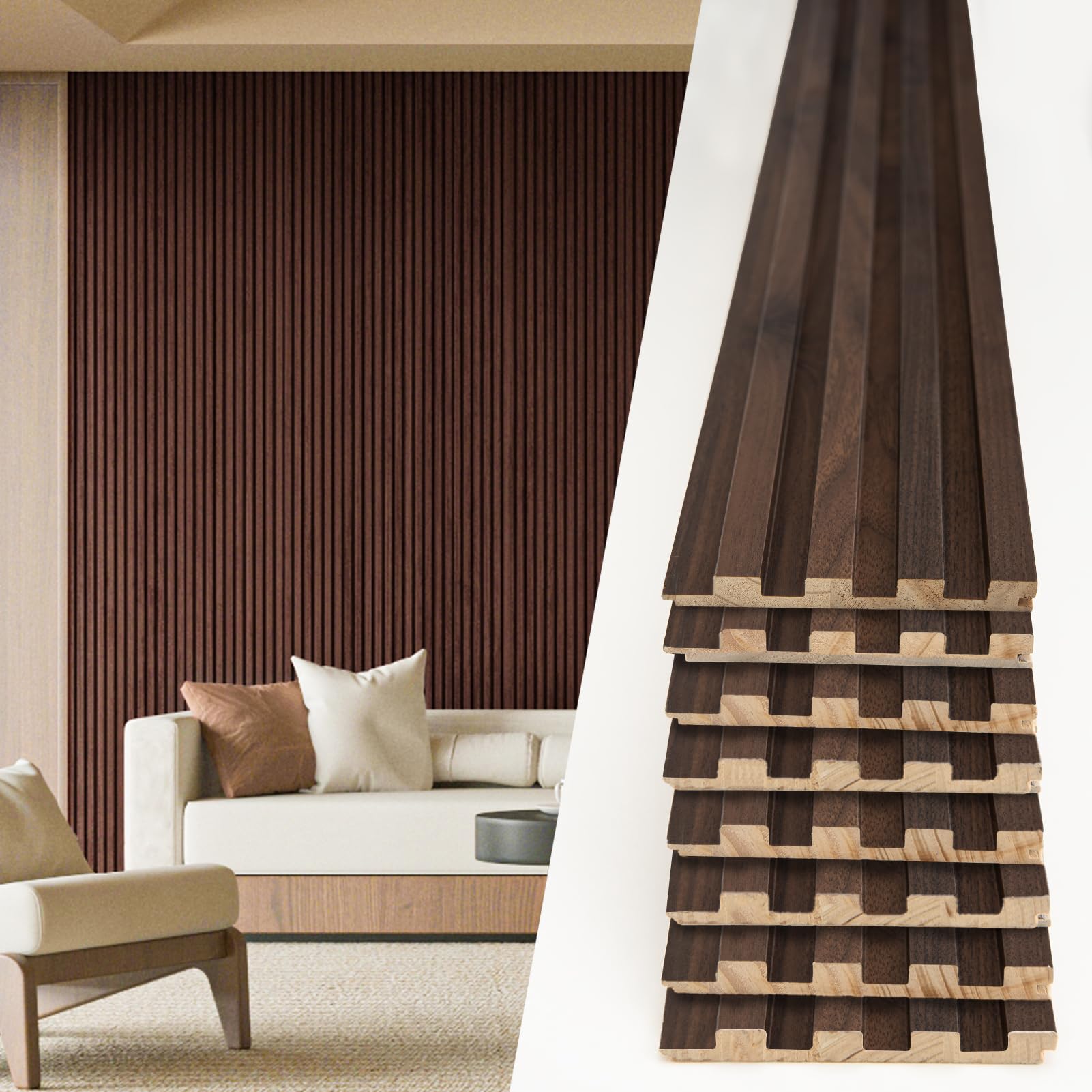 Photo 1 of Art3d Slat Wood Wall Paneling - 108 x 5.7 x 0.7in, Pack of 8pcs + 1pc End-Trim for Interior and Ceiling Decor, Walnut