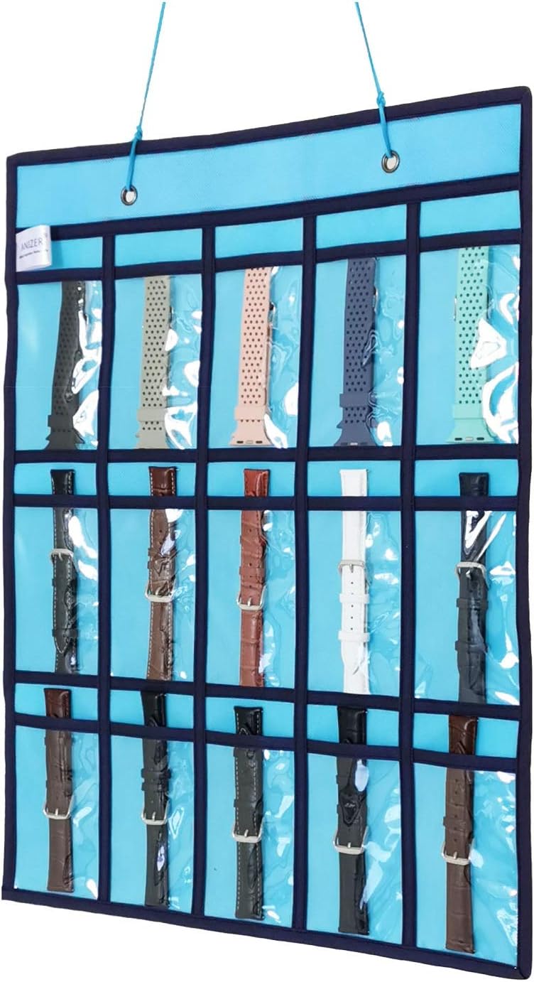 ANIZER Hanging Watch Band Storage Organizer Watch Display Storage Roll Holder for Watch Band Straps Accessories with 15 Clear Pockets (15 Pockets-Blue)