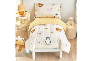 Flysheep 4 Piece Colorful Beige Toddler Bedding Set Happy Animals Printed for Baby Boys and Girls - Includes Quilted Comforter, Flat Sheet, Fitted Sheet & Pillow Case, Soft & Comfortable Microfiber