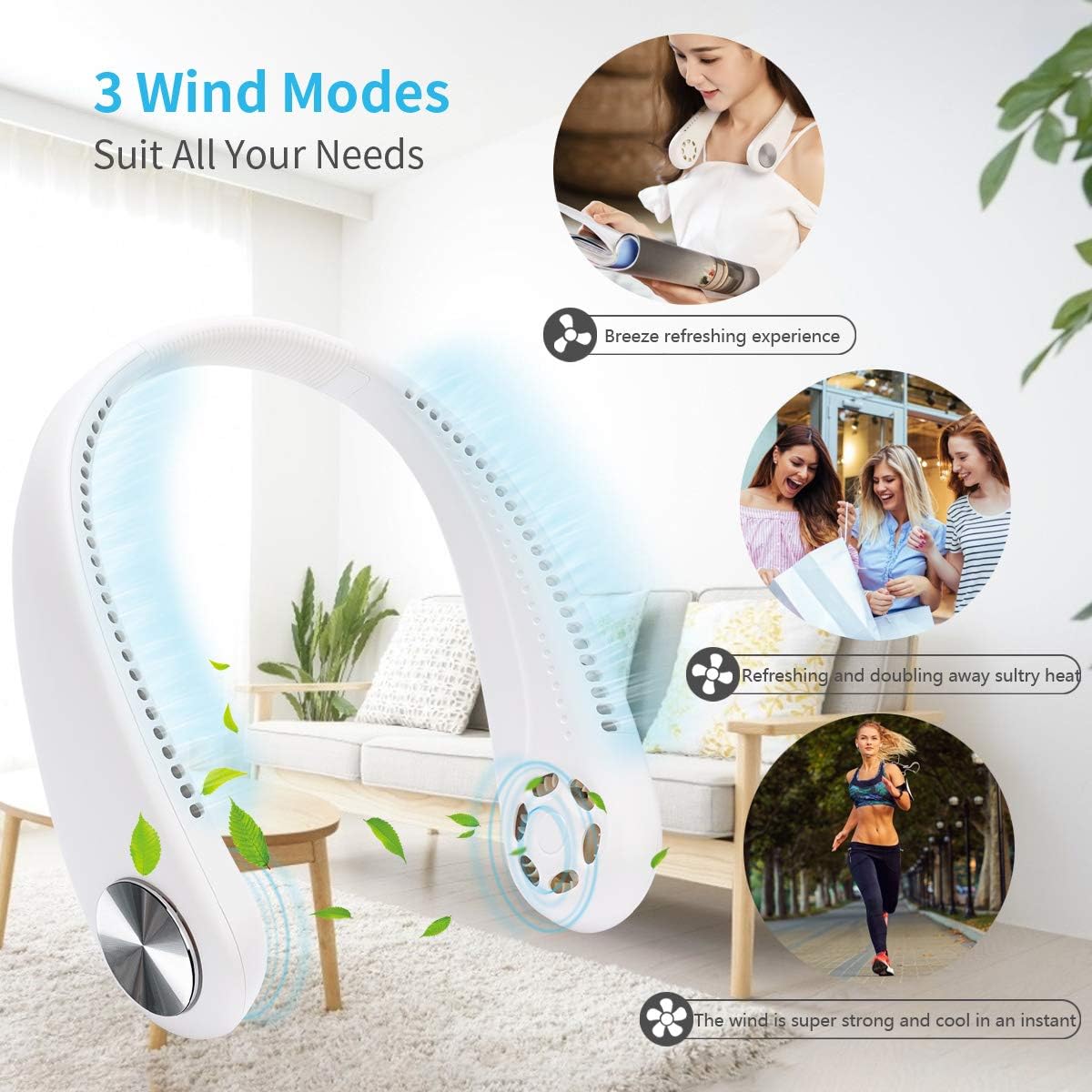 smartelf Hands Free Neck Fan, Personal Mini Bladeless Necklace Fan USB Rechargeable Wearable Fan for Women Men Sports Travel Office Outdoor 360° Cooling Ultra-quiet Adjustable Wind Speed White: Kitchen & Dining
