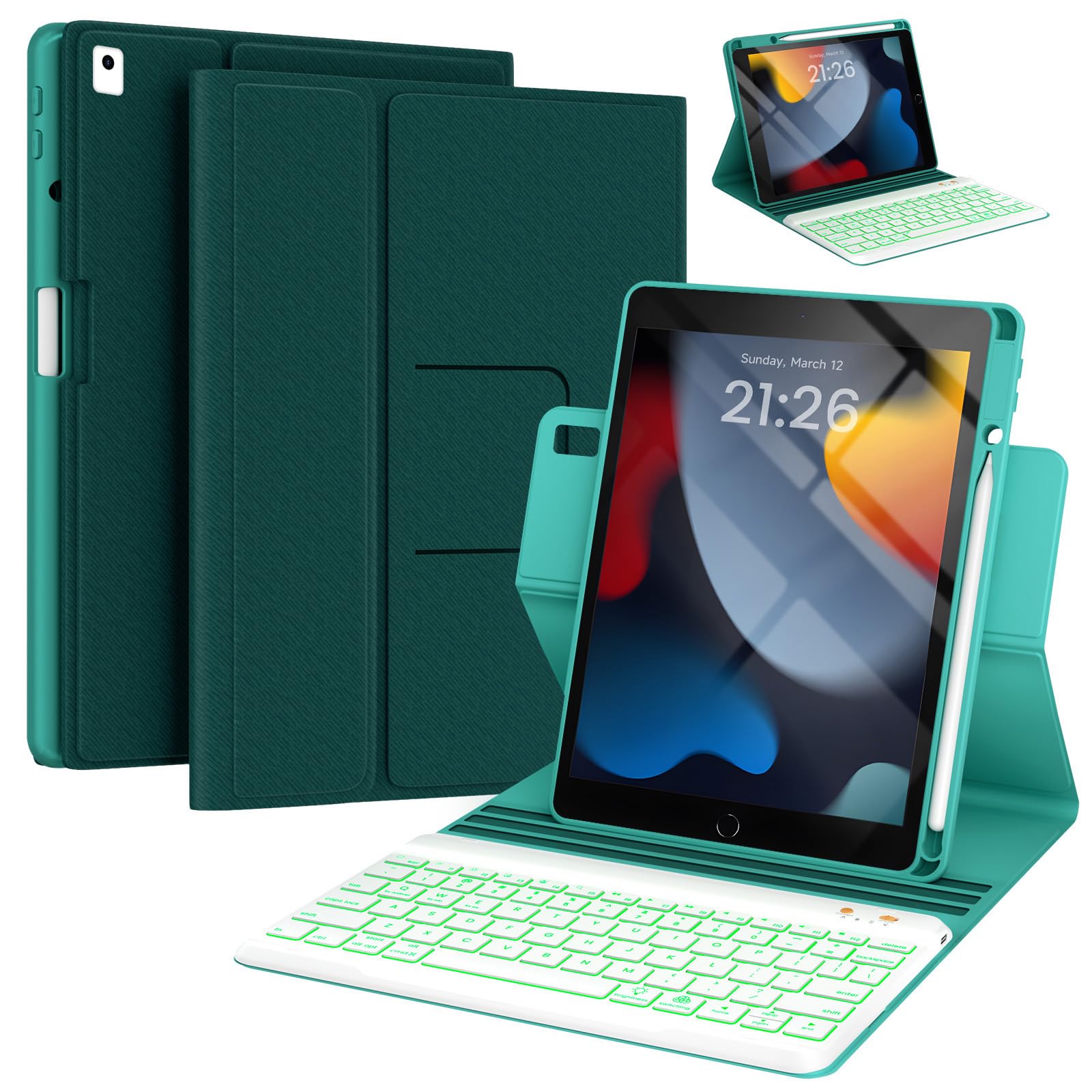 Photo 1 of Keyboard Case for iPad 9th/8th/7th Generation 10.2 inch 2021/2020/2019 & ipad Pro 10.5-inch & ipad Air 3 2019-Backlit Detachable keyboard 360° Rotatable Folio Cover with upper pencil holder-(Teal)
