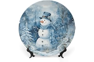 Christmas Decorative Plates for Wall Hanging, Snowman in Winter Forest Watercolor Painting Ceramic Plate, Wobble-Plate with D
