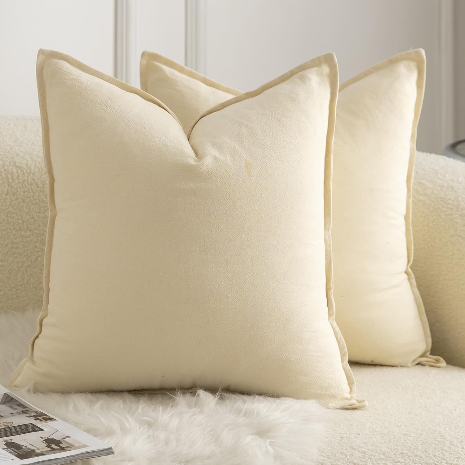 Mandioo Pack of 2 Neutral cotton Cushion Covers 45x45 cm 18x18 inch Solid Decorative Couch Throw Pillowcase Boho Farmhouse Home Decor for Sofa Living Room Bed Bedroom Beige