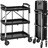 YITAHOME Foldable Utility Service Cart, 3 Shelf Rolling Collapsible Cart with 360°Swivel Wheels (2 with Brakes),Portable Cart