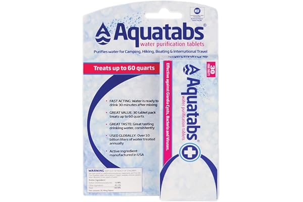 Aquatabs 49mg Water Purification Tablets (30 Pack). Portable Water Purifier for Camping Essentials, Lightweight Camping Gear or Survival Kit, EPA Registered & NSF/ANSI 60 Certified, Fast-Acting