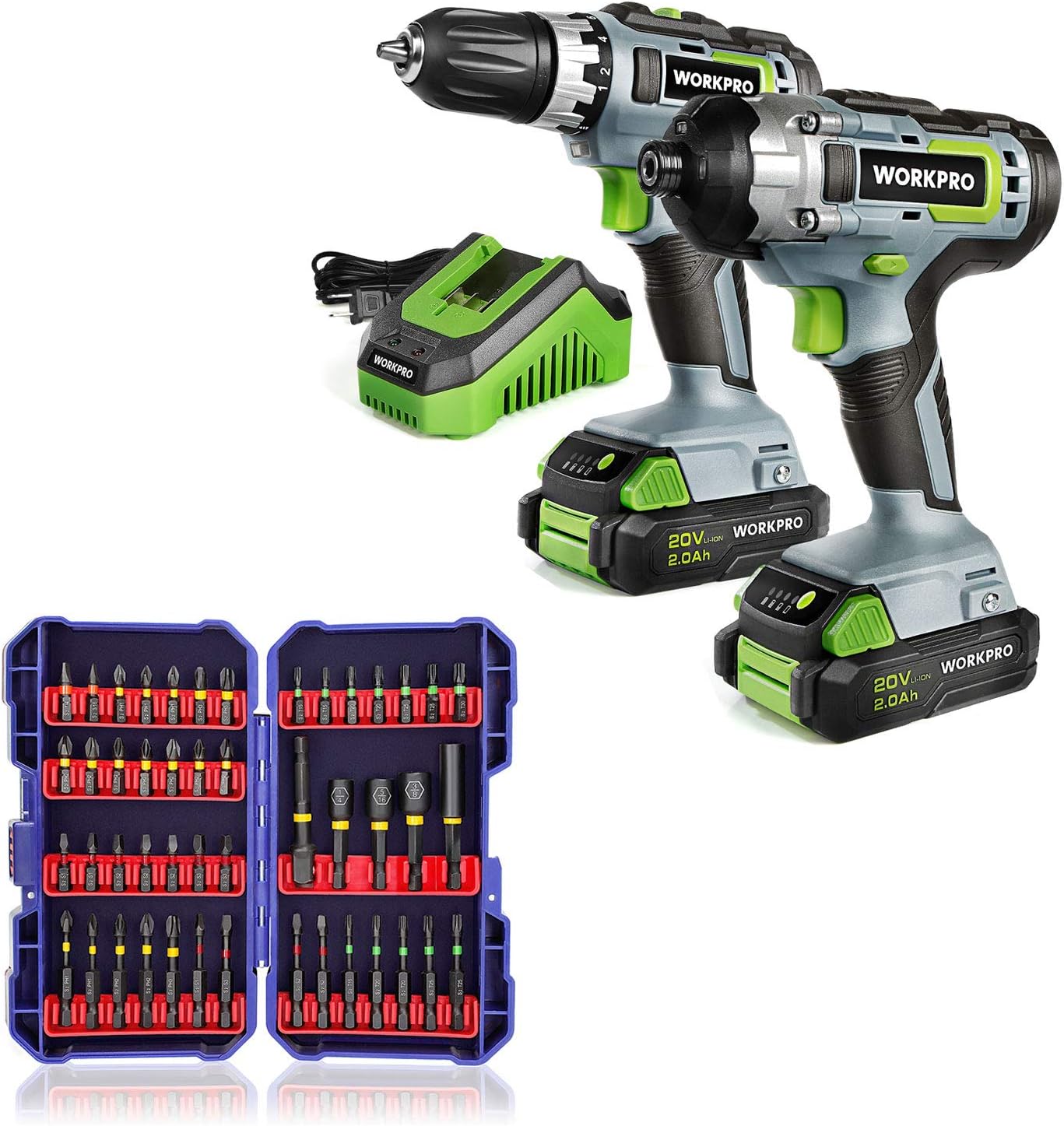 WORKPRO 20V Cordless Drill Combo Kit, Drill Driver and Impact Driver with 47-Piece Impact Bit Set