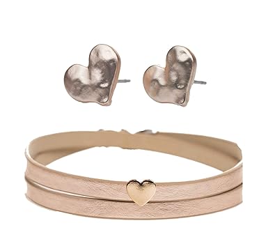 KT-Schmuckdesign Schmuckset mit Mini-Lederarmband in Rosegold, Mini-Schiebeperlen in Rosegold und Edelstahl Ohrringe in Herzf