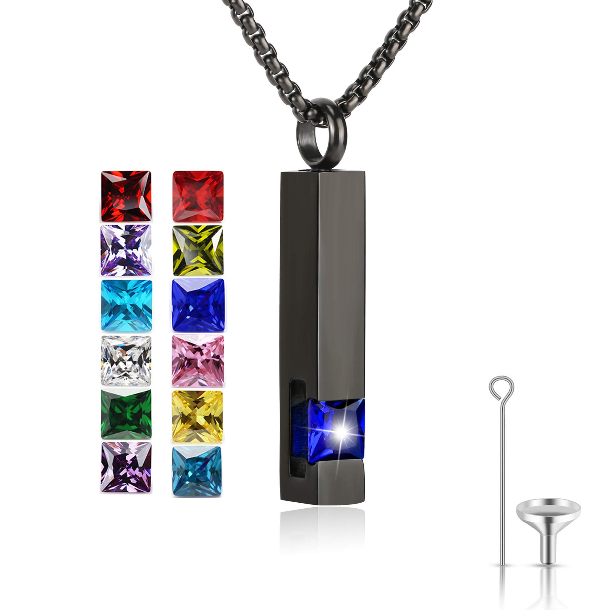 Birthstone Cuboid Locket Urn Necklaces for Ashes Cremation Jewellery Urns for Human Ashes Memorial Urn Keepsake Pendant