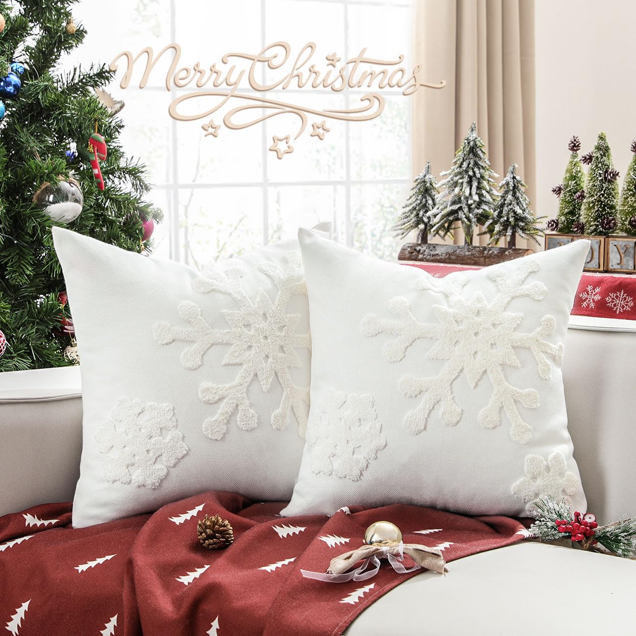Lewondr Christmas Cushion Cover, 2 Pack Snowflake Embroidery Decorative Throw Pillow Case Linen Sofa Cushion Cover for Party Thanksgiving Day Xmas Decor 18"x18"(45x45cm) - White