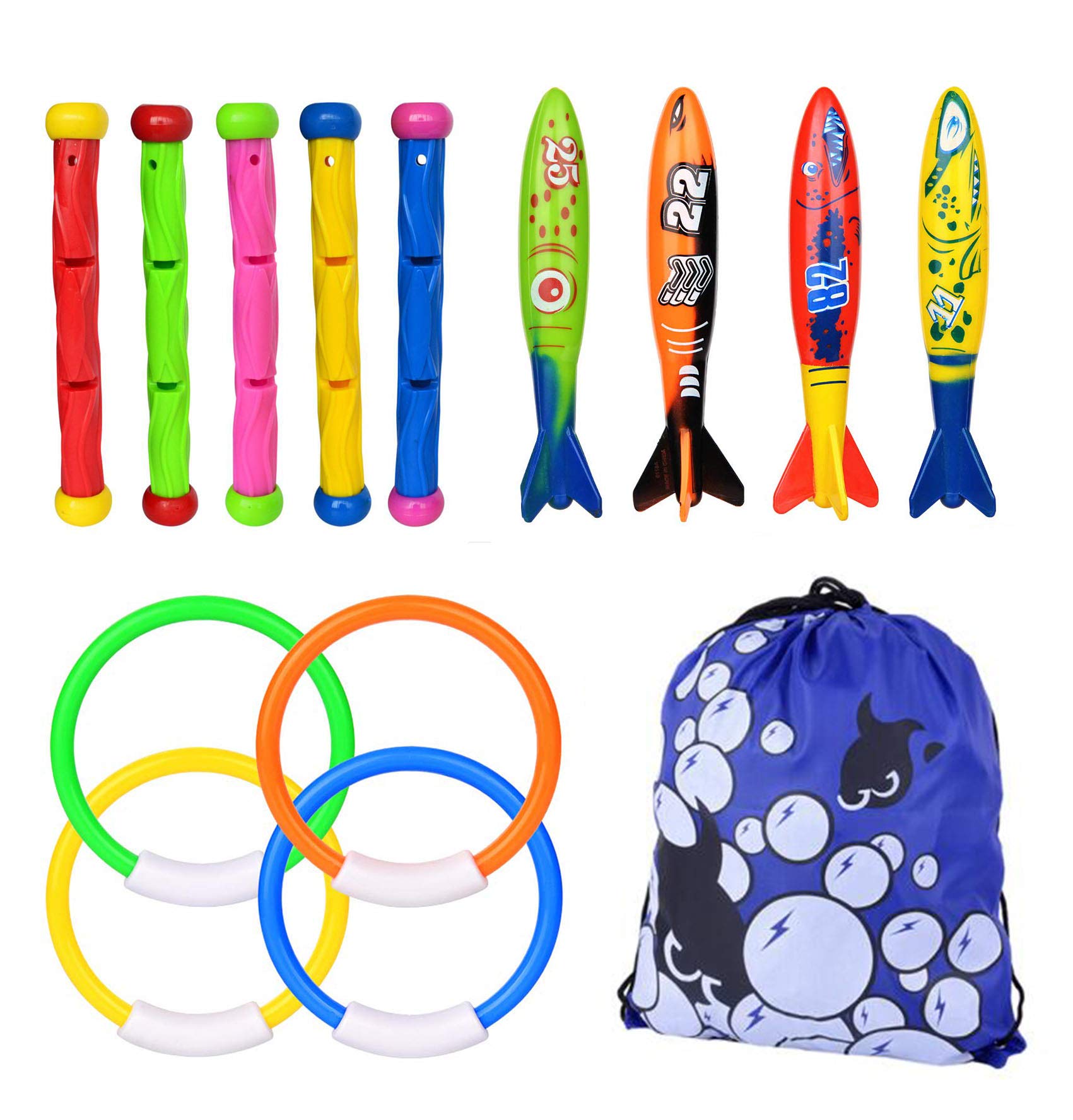 Xndryan Diving Pool Toys, Sinkies for Kids Swimming Underwater Diving Toys Set Includes 5 Pcs Diving Sticks, 4 Pcs Torpedo Bandits, 4 Pcs Diving Rings, Fun Swimming Toys for Pool