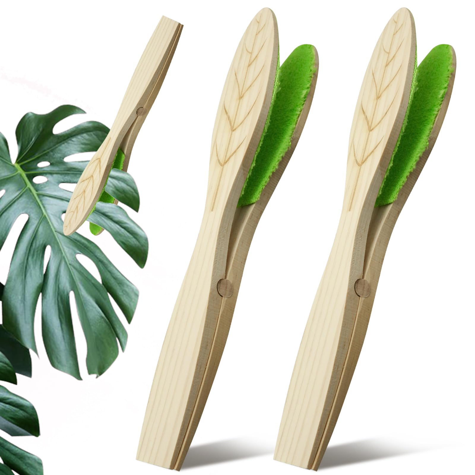 2Pcs Plants Leaf Cleaning Tongs, Wooden Handlepine Hair Plant Leaf Cleaner Pliers Multifunctional for Removing Dust From Both Sides of Plant Leaves Leaf Dust Cleaner, Leaf Cleaner for House Plants