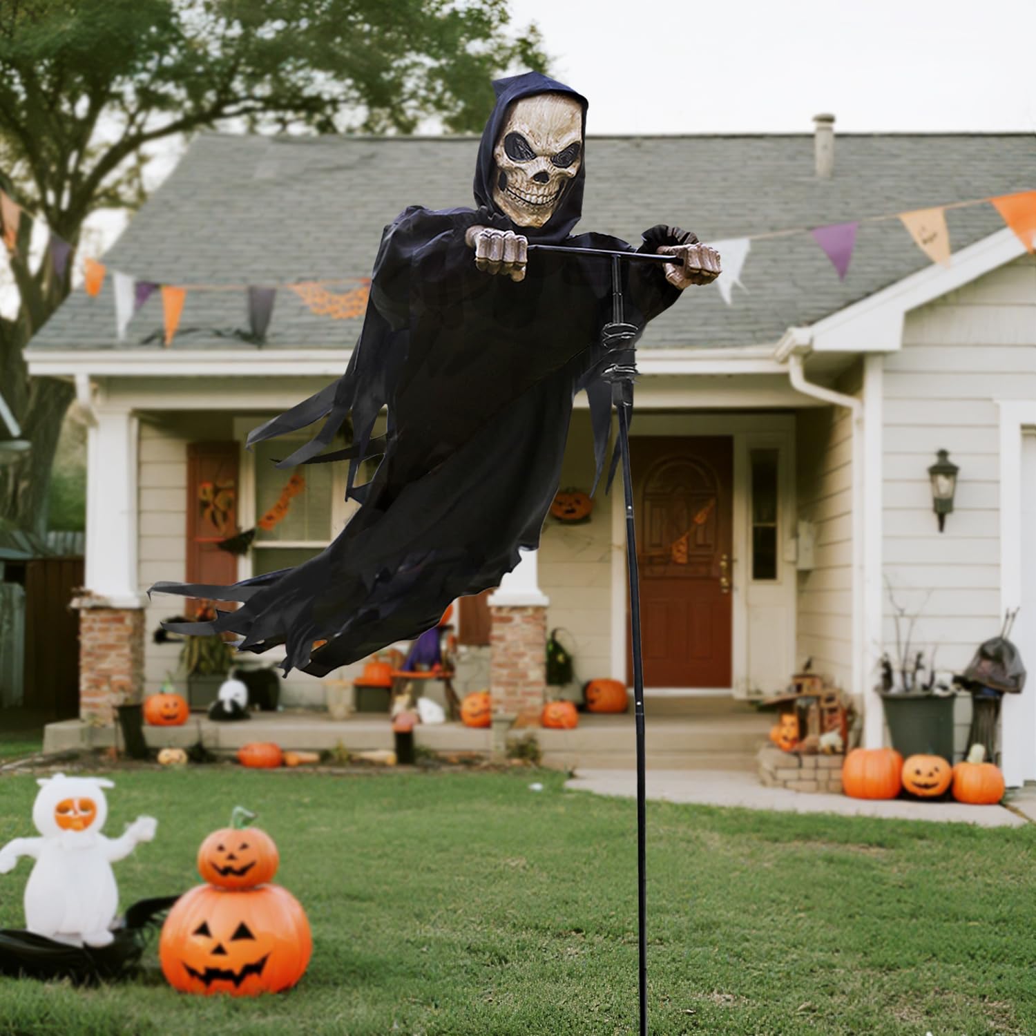 Photo 1 of LarpGears Outdoor Halloween Skeleton Decorations, 7.8Ft Flying Rotated Skull Reaper Ghost Scarecrow Decorations for Garden, Porch, Yard