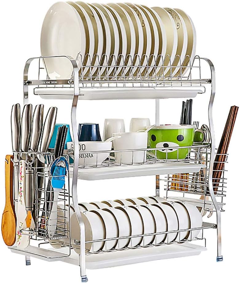 Dish Drying Rack With Drain Board, Metal Kitchen Shelves 3 Tier Set (Dish Rack, Kitchen Utensils Rack) Free Standing (Size : 68cm × 28cm × 54.5cm)