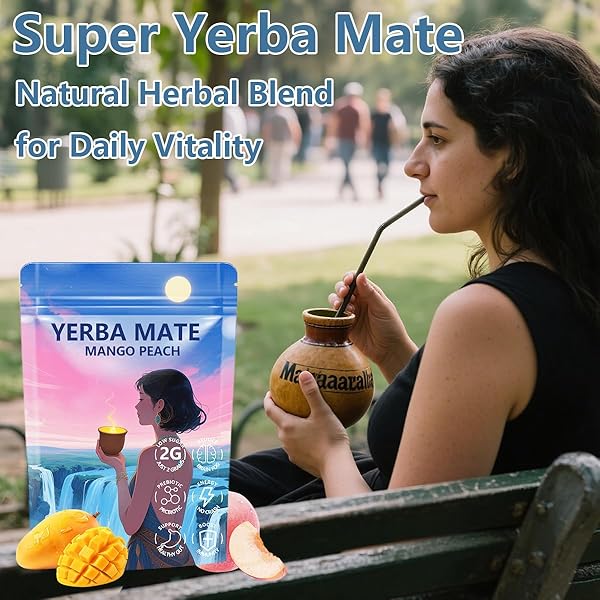 YERBA MATE 3-IN-1 SUPER DRINK TEA POWDER, PROBIOTICS MATCHA, 30 SERVINGS, BRAIN FOG BUSTER ENERGY AND FOCUS SUPPORT (PEACH MANGO)