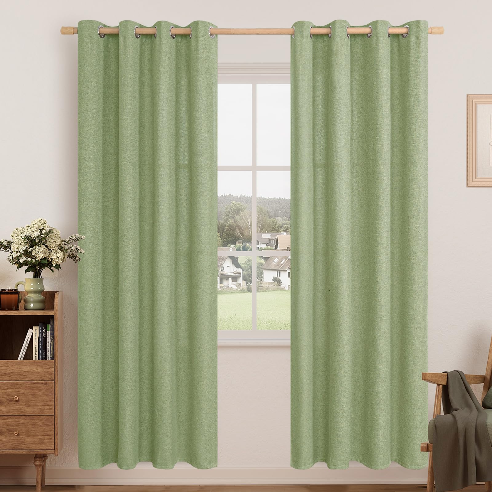LAMIT Sage Green Linen Curtains 80 Inch Length, Soft Thick Linen Textured Window Drapes Light Filtering Grommet Farmhouse Boho Decor Panels for Living Room/Bedroom, 2 Panels, 52 x 80 Inch Image
