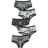 WDIRARA Women's 5 Pack Set Goth Graphic Print Mesh Sheer Lace Trim Mid Rise Underwear Briefs
