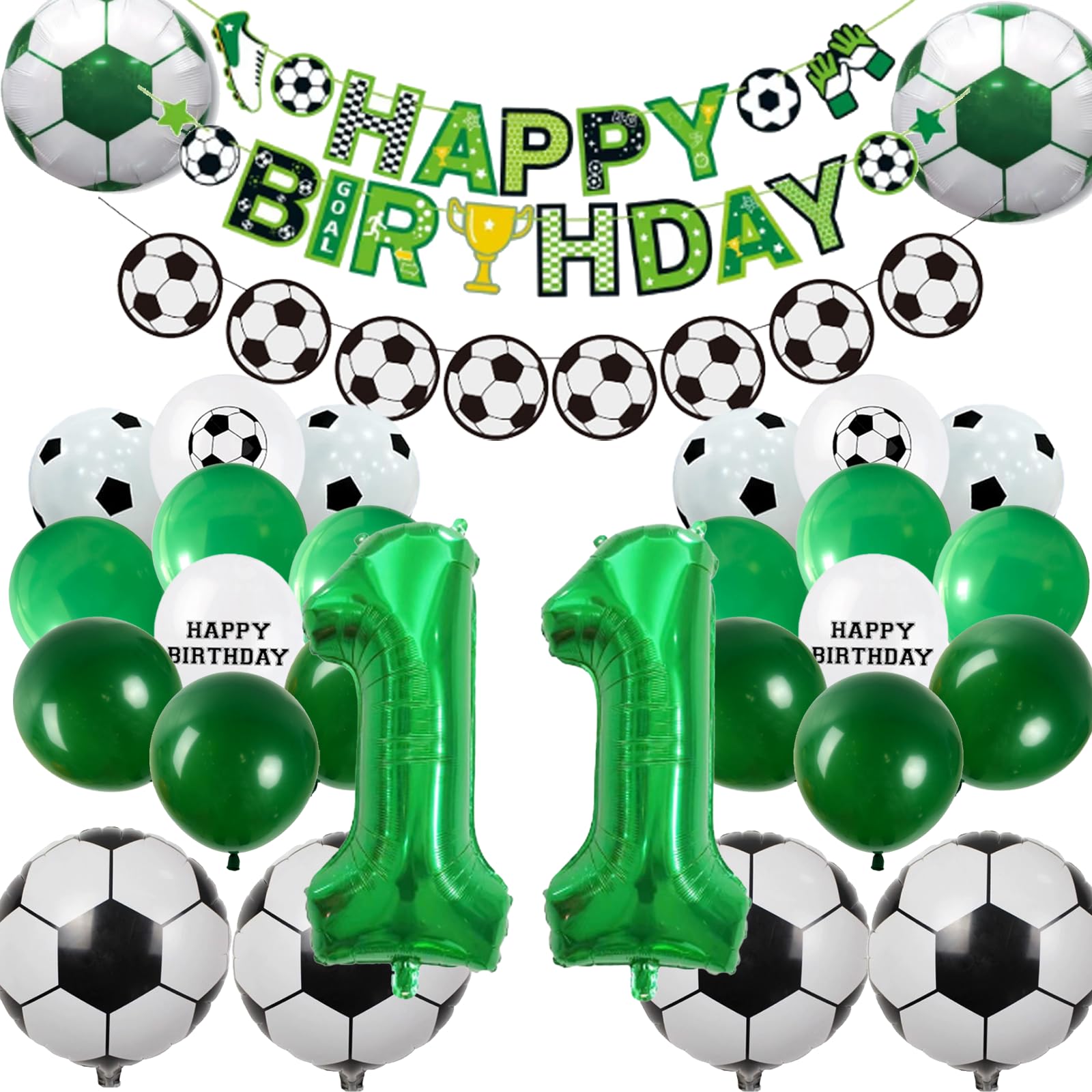 11th Football Theme Birthday Party Decorations - 29pcs Green Soccer Party Supplies with Latex balloons, Birthday Banner Champion Foil balloons Favors for Kids