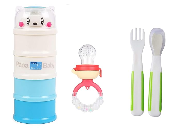 Gilli Shopee Eco-Friendly BPA-Free 4 Layers Milk Powder Container with Fresh Fruit Vegetables Food Rattle Nibbler and Baby Learner Fork and Spoon Set (All Colour May Vary)