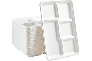 Vplus 100% Compostable 5 Compartment Paper Plates, 100 Pack, 12.5 x 8.6 inch Disposable School Lunch Trays, Eco-Friendly Bagasse Plates for Buffet, and Party