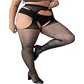 Zenova Women's Plus Size Sexy Fishnet Thigh High Stockings with Suspender Garter Belt, Stretchy Elastic Pantyhose Tights