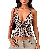 Women's Y2K Cute Summer Leopard Print Halter Top Sexy Tie Front Backless Ruffle Beach Crop Going Out Tops for Women