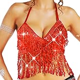 Nicute Silver Sequin Top Fringe Bra Top Sparkly Belly Dance Tops for Women