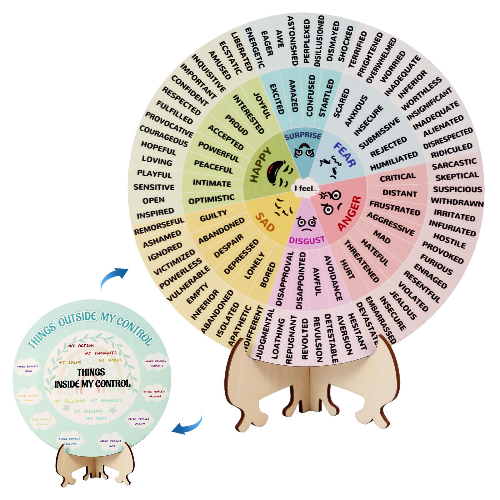Feelings Wheel with Stand, Diameter 7.87in Emotion Wheel Premium Wooden Feelings Wheel Emotion Wheel Chart for Adults Mental Health Therapist Gifts Home Decoration Supplies(Rainbow)