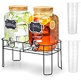 2 Pack 1 Gallon Glass Drink Dispenser with Bamboo Lid, Beverage Dispenser with Stand, Drink Machine for Lemonade, Iced Drinks