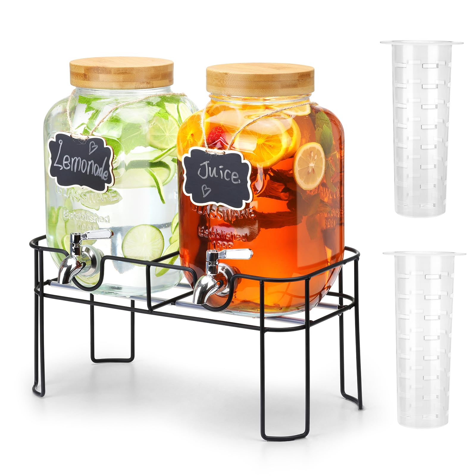 View 1 of 2 Pack 1 Gallon Glass Drink Dispenser with Bamboo Lid, Beverage Dispenser with Stand, Drink Machine for Lemonade, Iced Drinks Kombucha Dispenser