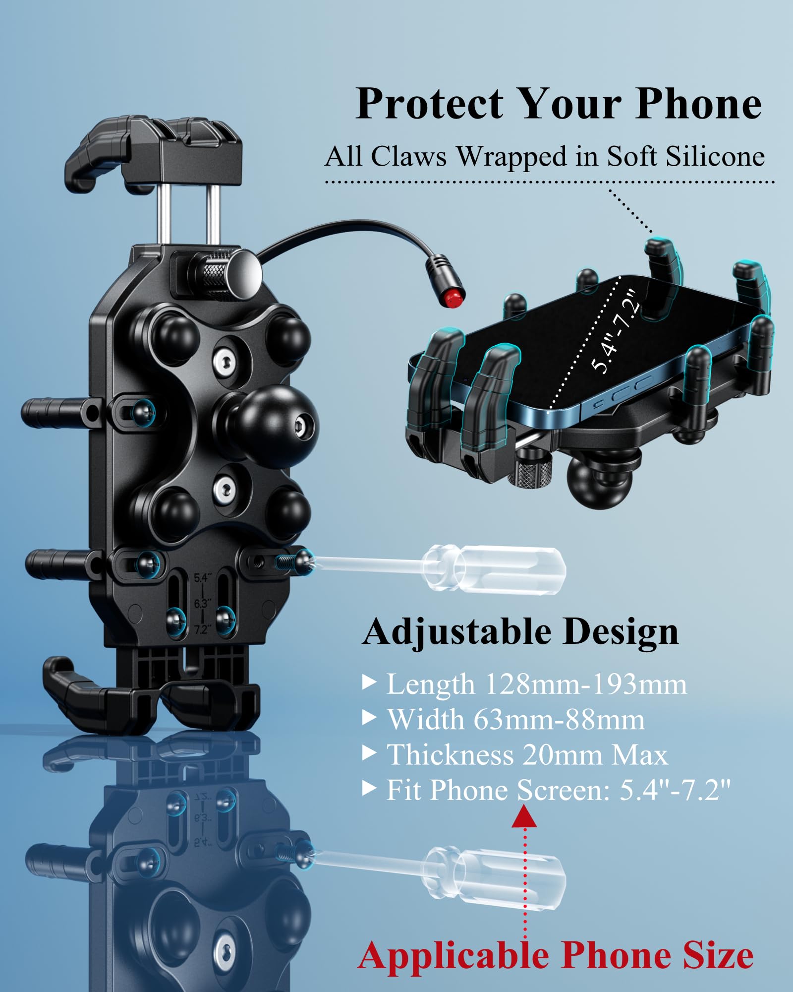 BRCOVAN Motorcycle Fork Stem Phone Mount with Qi 15W Wireless Charger & 36W PD/USB-C Fast Charging Port, Anti-Theft Motorcycle Phone Holder with Vibration Dampener for 5.4''-7.2'' Cellphones
