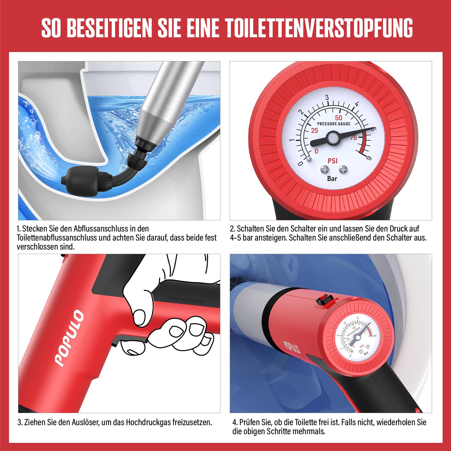POPULO Elektrischer Abflussreiniger Pömpel WC-Saugglocke, Pömpel Abfluss Schneller Hochdruck Abflussreiniger, Strapazierfähig Vielseitiger Toilette Pömpel für Dusche, Toilette 4