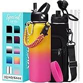 40 oz Water Bottle with Straw - Stainless Steel Water Bottles Insulated w/Auto Spout Lid, Strap Carrying Case, Paracord Handle, Silicone Boot, Triple Wall Metal Water Flask Thermo Mug Keep Cold Hot