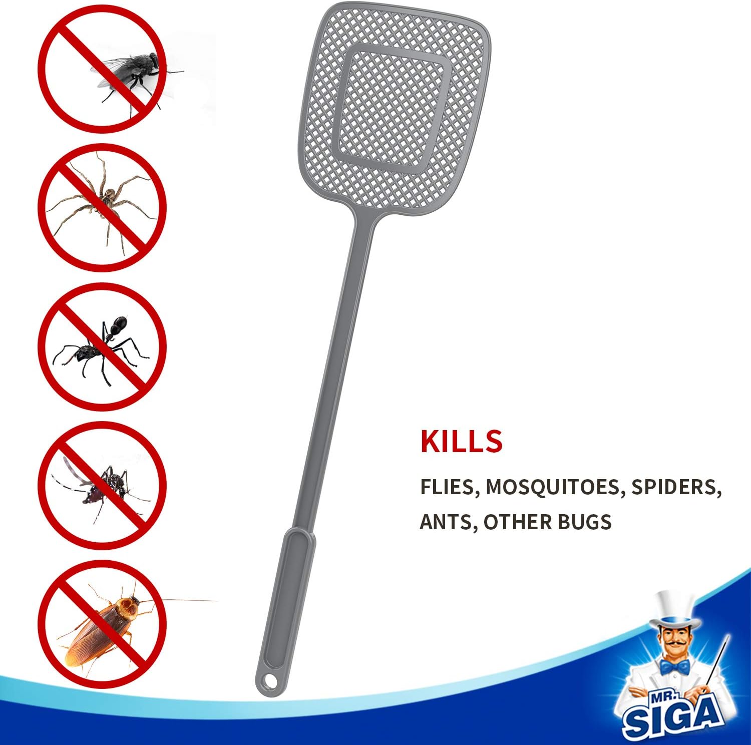 MR.SIGA Heavy Duty Long Handle Fly Swatter, Gray, 6 Pack: Home & Kitchen