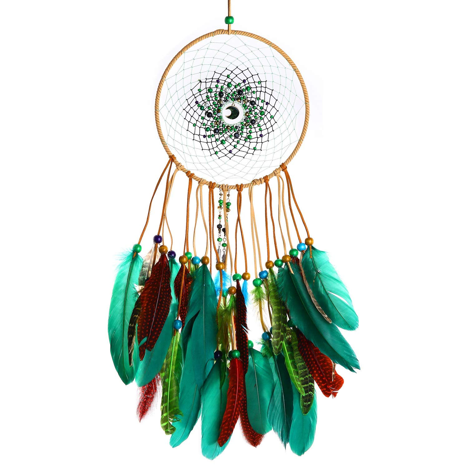 Buvelife Dream Catcher Handmade Native American Dreamcatcher Feather Crystal Beaded Home Decoration (Moon Light)