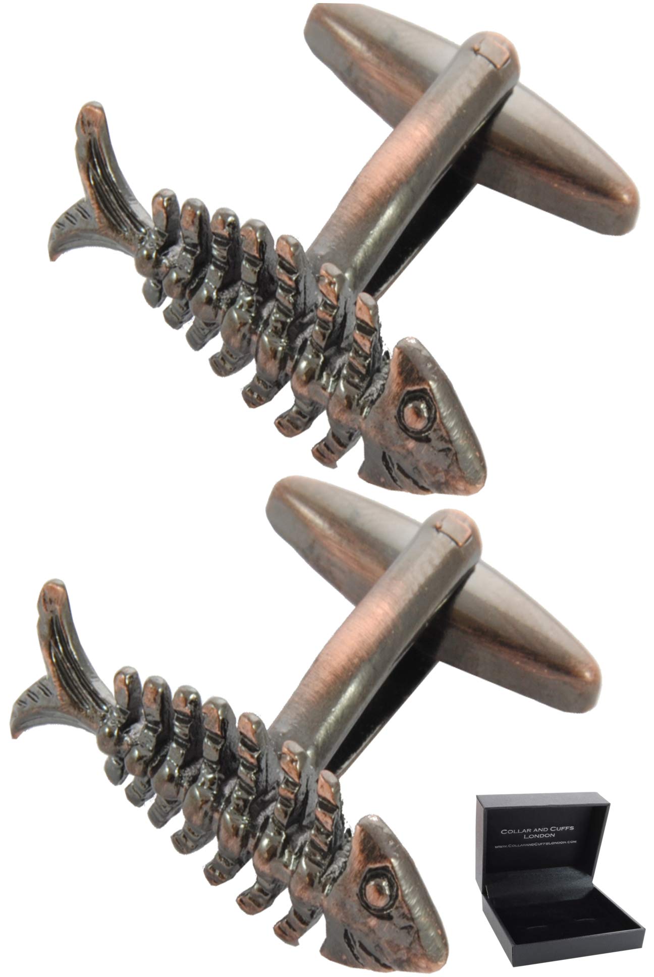 Cufflinks for Men + Presentation Box - Fish - Herringbone Design - Solid Brass Metal - Fishing Angling Sea Scales Nautical - Brown Bronze Colour - One Pair