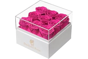 Eterfield Preserved Roses Preserved Flowers for Delivery Prime 9-Piece Hot Pink Roses That Last a Year Flower Gifts for Women Valentines Flowers for Girlfriend Gifts for Mother (Square White Box)