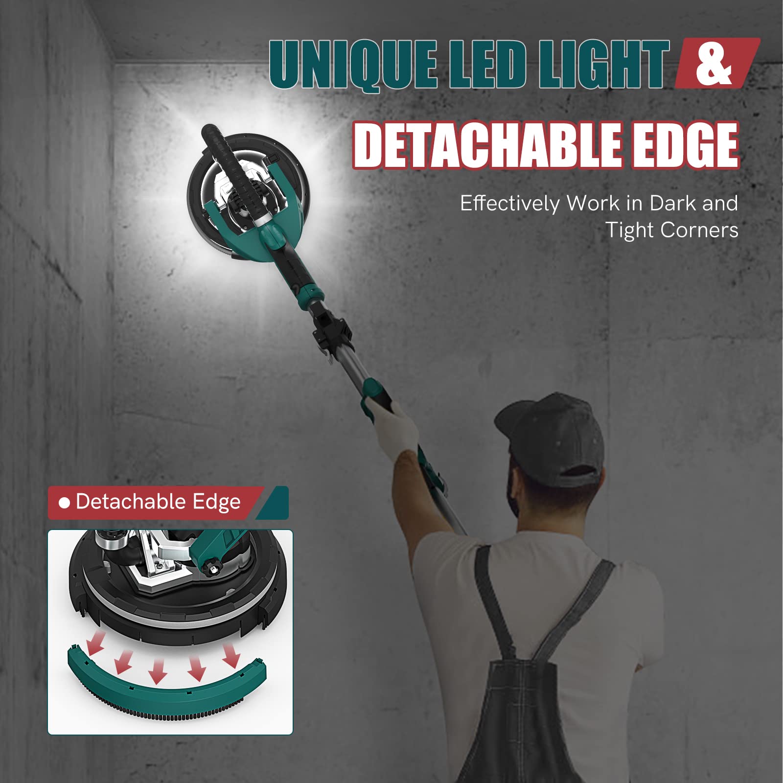 NEU MASTER Electric Drywall Sander - Variable Speed Pole With Vacuum, 900-1800RPM Foldable Ceiling Sander, 12 Sanding Discs, LED Light, Extendable Handle, Dust Bag and Hose