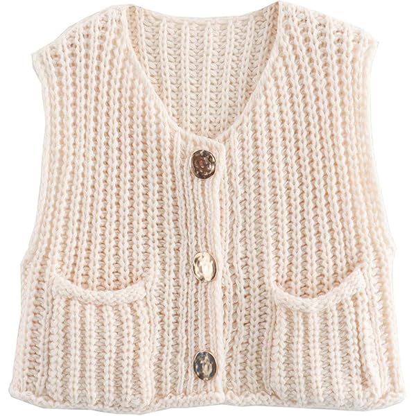 Button Up Sweater Vest Women Crewneck Crochet Chunky Knit