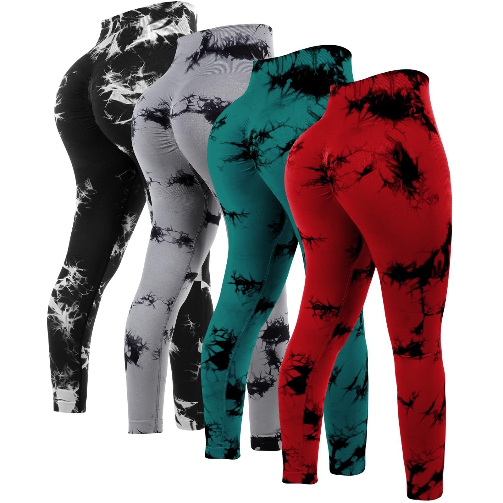 Photo 1 of Mumucove 4 Pcs Womens Workout Leggings Tie Dye High Waisted Yoga Pants Seamless Scrunch Butt Lifting Compression Tights (Gray, Black, Dark Green, Red,X-Large)