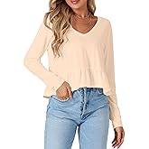 Vrtige Women's Casual V Neck Long Sleeve Peplum Ruffle Hem Babydoll Blouse Shirt Crop Top