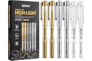 Lekreo Gold Silver White Ink Gel Pens, 1mm Medium Fine Point, Opaque archival Ink Pen for Dark Paper Drawing,Sketching, Illustration, Card Making, Bullet Journaling (Assorted Color - 6 Packs)