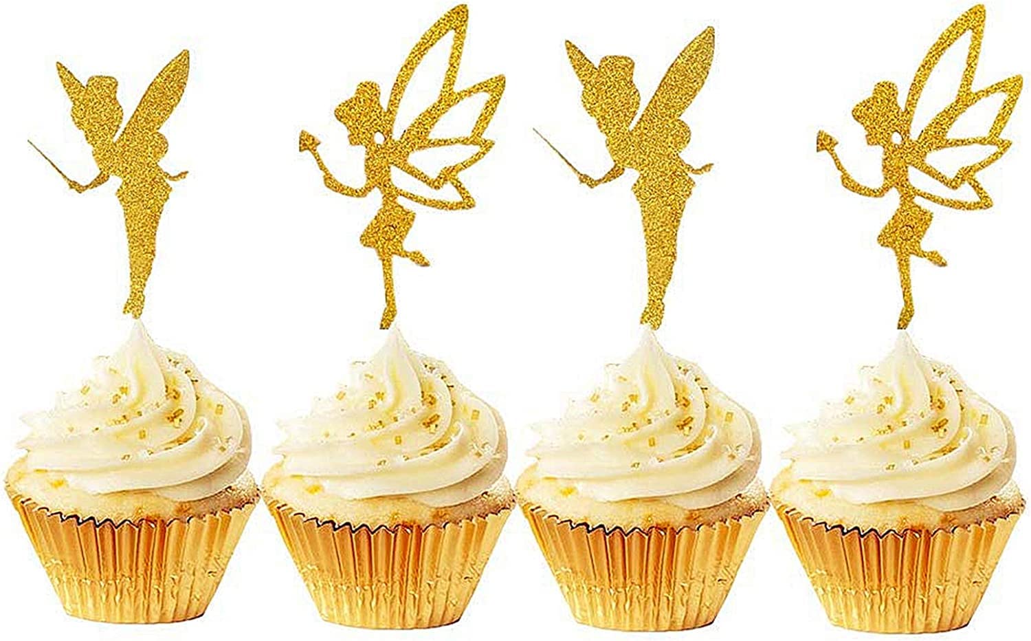 Photo 1 of JeVenis 32pcs Gold Glitter Fairy Cupcake Toppers Angel Cake Topper Ballet Cupcake Topper for Birthday Bridal Shower Baby Shower Wedding Decoration Supplies