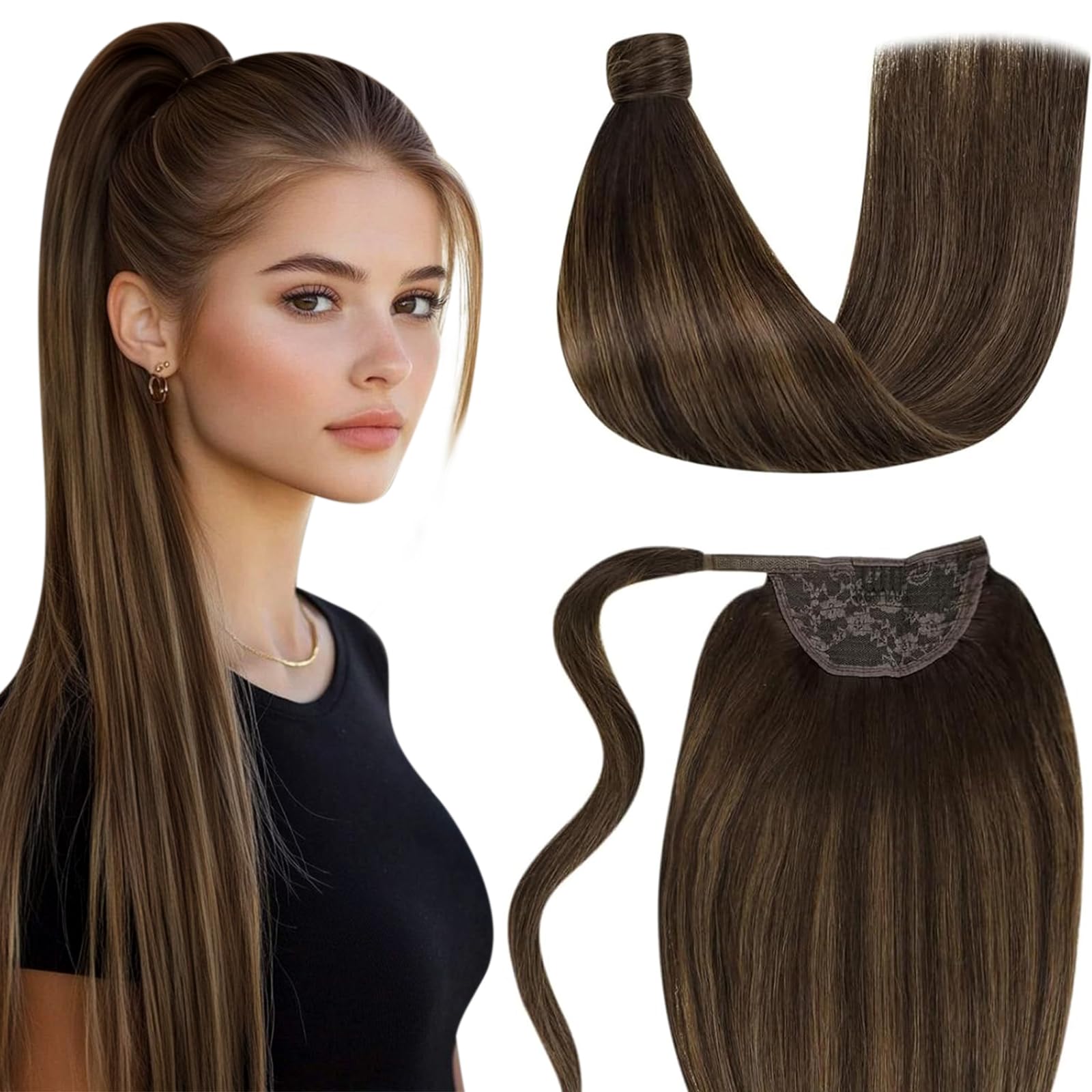 LaaVoo Pony Tail Extensions Real Human Hair 18 Inch 80g Balayage Darkest Brown to Light Brown Remy Straight Ponytail hair Extensions #2/8/2 — image 1