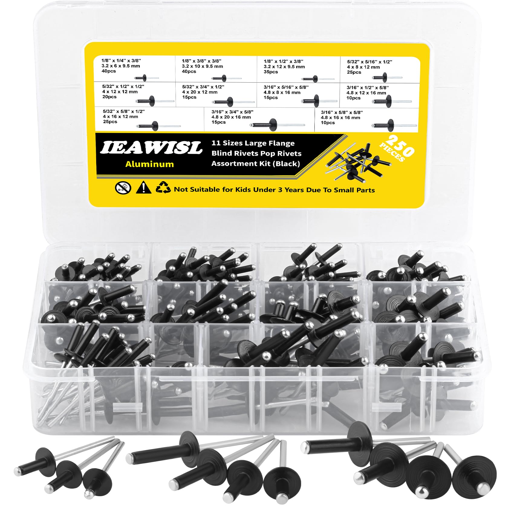 250PCS Black Large Flange Pop Rivets Set, Aluminium Blind Rivets Assortment Kit with 11 Sizes, Corrosion Resistant Large Head Rivets for Plastic, Wood and Metal Repair, Organiser Case Included — image 1