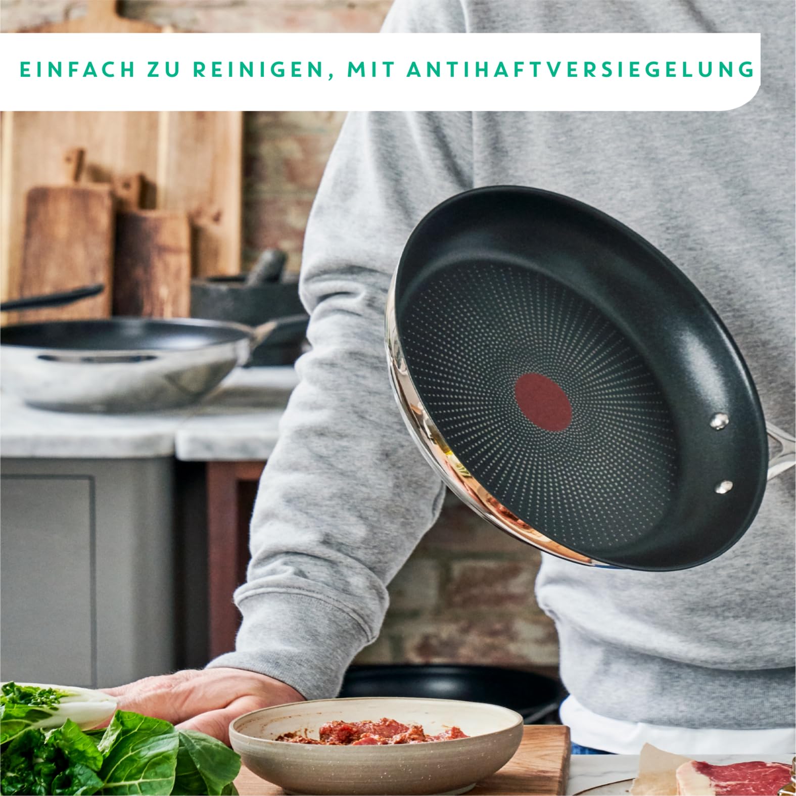 Tefal Jamie Oliver Cook's Direct On Bratpfanne 28 cm, Edelstahlpfanne Induktion, Titanium-Antihaftbeschichtung, Thermo-Signal, backofenfest, Edelstahl, genieteter Griff, E3040644 3